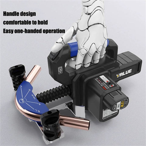 Top Rated Electric Tube Bender Kit For Soft Copper Pipe With 90 Degree Angle And Lithium Battery Powered Rechargeable Design Features Full Set Of Dies Including One Quarter To Seven Eighths Inch Sizes Perfect For Diy Plumbers, showing ergonomic handle and usage.