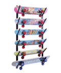 Heavy Duty Skateboard Wall Mount Rack For Your Rad Longboard And Snowboard Stash Solid Carbon Steel Hanger displaying six colorful skateboards.