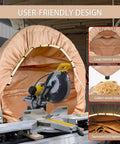 Miter Saw Dust Hood With Led Light And Universal Fit For 10 And 12 Inch Saws, Storage Bag Included, Powerful Dust Containment With 4 Inch Vacuum Port For Garage And Workshop Cleanup shown in workshop setting.