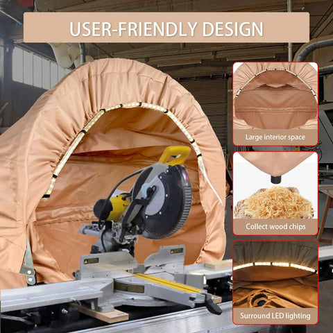 Miter Saw Dust Hood With Led Light And Universal Fit For 10 And 12 Inch Saws, Storage Bag Included, Powerful Dust Containment With 4 Inch Vacuum Port For Garage And Workshop Cleanup shown in workshop setting.