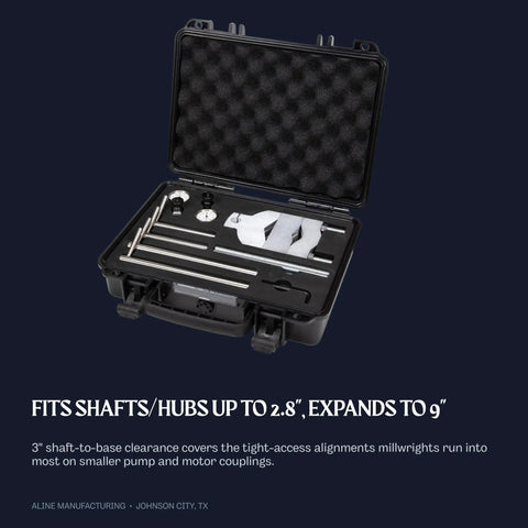 Rock Solid Compact Reverse Dial Indicator Shaft Alignment Set With Dual Precision Gauge Probes in protective case, fits shafts up to 2.8 inches.