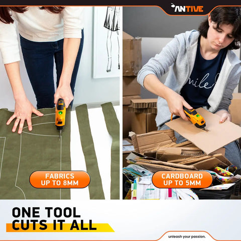 Upgrade To The Latest Antive Electric Scissors For Fabric And Cordless Cardboard Cutter With 2 Heads, Featuring A Safety Lock Button And Tungsten Steel Blades For Smooth, Effortless Cutting. Perfect For Diy Projects. Using scissors on fabrics and cardboard.