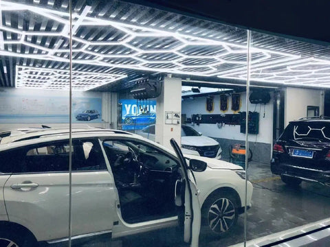 Bright DIY Plug-In Hexagon Garage Light Kit for Car Repair, 60 Lamp LED Grid with 14-Hexagon and 24-Lamp Rect Frame, 558W, IP54