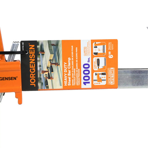 Heavy Duty 6 Inch Steel Bar Clamp for Woodworking and DIY Projects, Orange, Sure Grip Construction, Reaches Up To 3 Inches From Edge To Screw Center, Maximum Opening 6 Inches, Built For Hard Use By Hobbyists And Pros, packaged clamp close-up