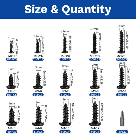 Top Shelf Self Tapping Screws Assortment Kit Featuring Premium Phillips Pan Head Hardware And Durable Black Carbon Steel Metric Screw Set For Wood Plastic Metal Diy Furniture Cabinets That Give Bang For Your Buck size guide showing different screw sizes and quantities.