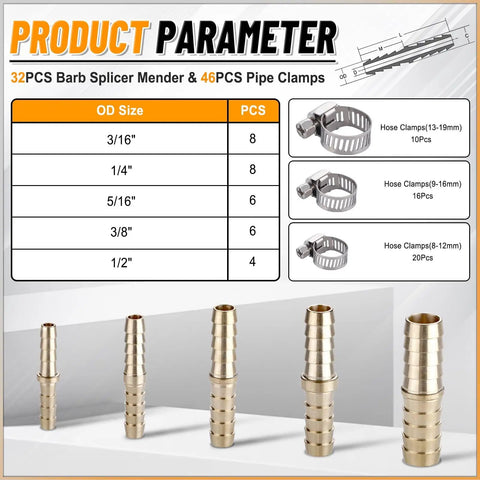 Brass Hose Barb Fittings Kit With 32 Pieces And 46 Pipe Clamps For Water Fuel And Air Lines Splicer Mender Set In Three Sixteenths Inch One Quarter Inch Five Sixteenths Inch Three Eighths Inch And One Half Inch Sizes Heavy Duty with size chart and clamps image.