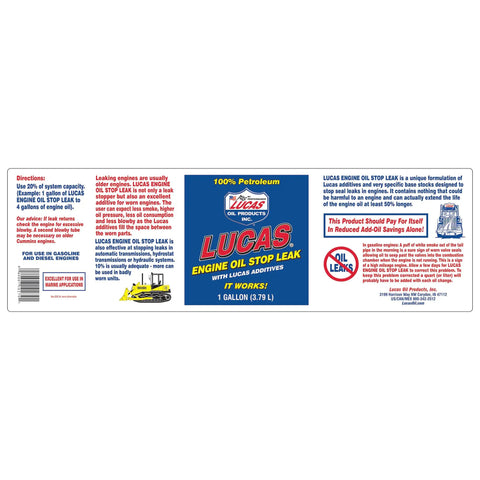 Engine Oil Stop Leak Formula For All Oil Types That Keeps Your Ride Quiet, Reduces Oil Consumption, Boosts Oil Pressure, And Rebuilds Worn Seals Safely Without Solvents, Compatible With Petroleum, Semi-Synthetic And Full Synthetic, 1 Gallon bottle label