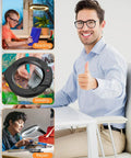 Person giving thumbs up next to uses of 10X Lighted Magnifying Glass With LED Desk Lamp For Close Work And Crafting in reading, jewelry, repair.