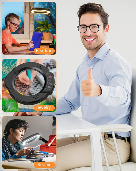Person giving thumbs up next to uses of 10X Lighted Magnifying Glass With LED Desk Lamp For Close Work And Crafting in reading, jewelry, repair.