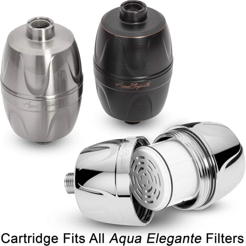 Chlorine Removing Shower Water Filter System With Replacement Cartridge dismantled view in various metal finishes