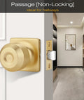 Interior view of hallway with gold non-locking door knob attached to a white door, showcasing sleek design and modern decor.