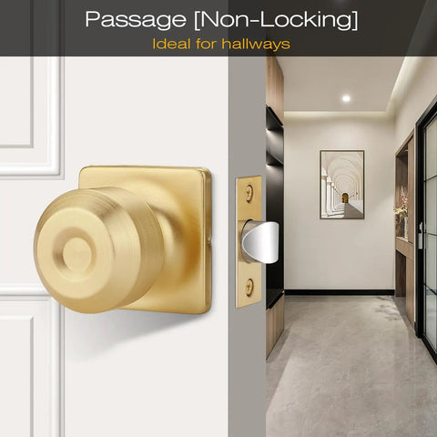 Interior view of hallway with gold non-locking door knob attached to a white door, showcasing sleek design and modern decor.