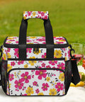 Insulated Picnic Backpack With Lunch Box, Spacious Thermal Tote in floral design on picnic blanket with food and wine