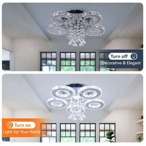 Five Ring Crystal LED Ceiling Light Chandelier For Dining Room Kitchen And Bedroom Cool White 4500K Non Dimmable Dope Modern Fixture With Stainless Steel Frame Built In 39W LED, turned on and off.