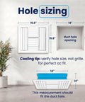 No Fuss Easy Fit 14x14 Aluminum 4 Way Vent Cover With Adjustable Curved Blade Dampers sizing guide image for duct hole measurement.