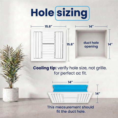 No Fuss Easy Fit 14x14 Aluminum 4 Way Vent Cover With Adjustable Curved Blade Dampers sizing guide image for duct hole measurement.