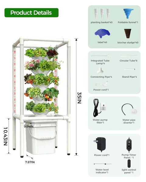 Hydroponic Tower Garden System With Full Spectrum Grow Lights For Indoor And Outdoor Use 5 Tier Vertical Garden With 25 Pods displayed with dimensions and components