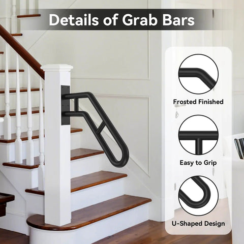 Outdoor Wall Mount Handrail Grab Bar For 1 To 3 Step Stairs, 25.8 Inch Black Steel Safety Rail with U-Shaped Design and Frosted Finish