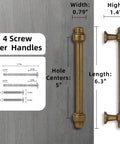 Antique Brass Cabinet Pulls Five Inch Hole Centers Ten Pack Zinc Alloy Vintage Drawer Handles with dimensions and screw details