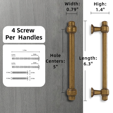 Antique Brass Cabinet Pulls Five Inch Hole Centers Ten Pack Zinc Alloy Vintage Drawer Handles with dimensions and screw details