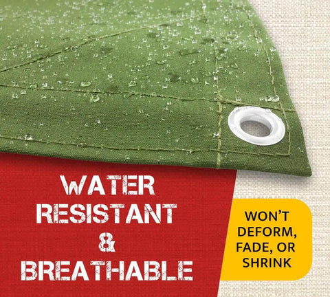 Close-up of 10x16 Foot Canvas Tarp 12 Oz Tough As Nails Heavy Duty Water Resistant With Breathable Fabric And Double Stitched Seams, olive green with raindrops