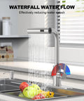 Top Tier Kitchen Sink Faucet Featuring A Smooth Pull Down Sprayer Integrated Soap Dispenser And Heavy Duty Brushed Finish, showing waterfall flow.