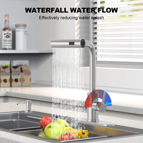 Top Tier Kitchen Sink Faucet Featuring A Smooth Pull Down Sprayer Integrated Soap Dispenser And Heavy Duty Brushed Finish, showing waterfall flow.