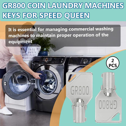 Person using washer next to 2 Pack GR800 Washer Dryer Key For Your Commercial Laundry Setup 54612 Coin Service Door Key