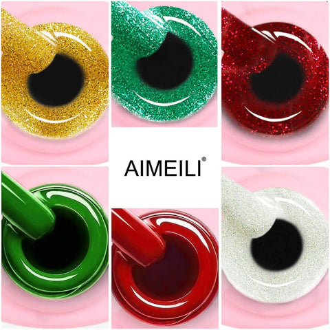 Close-up of Glitter Gel Nail Polish Set For Christmas 6 Colors 10ml Each Vegan Cruelty Free Hema Free Gift Kit showing all colors