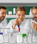 31 Piece Lab Glassware Set With Beakers Cylinders Erlenmeyer Flasks Dropper Bottles Storage Bottles Stirring Rods Droppers And Funnels For Chemistry Science Class Home Lab Use A Complete Gear Kit displayed in a lab setting