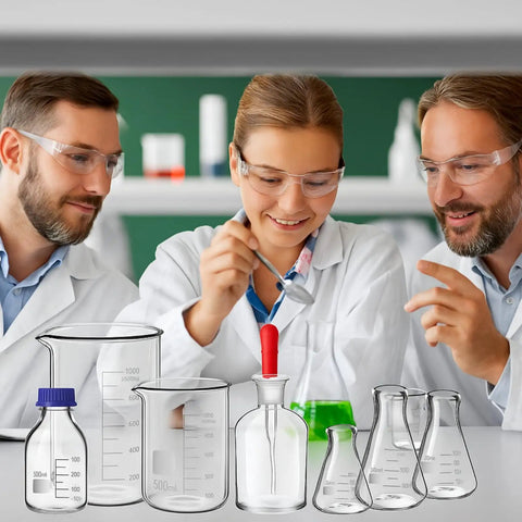 31 Piece Lab Glassware Set With Beakers Cylinders Erlenmeyer Flasks Dropper Bottles Storage Bottles Stirring Rods Droppers And Funnels For Chemistry Science Class Home Lab Use A Complete Gear Kit displayed in a lab setting
