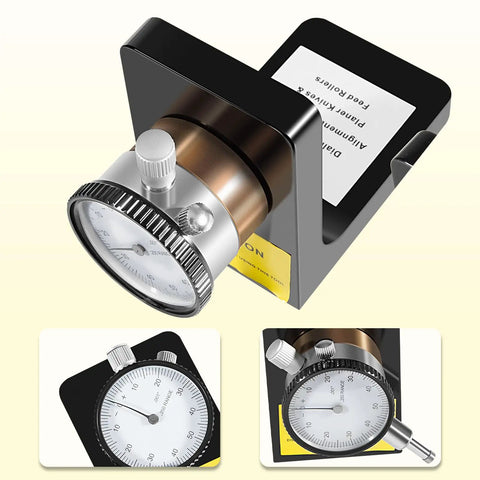Dial Indicator With 360 Degree Rotation And Heavy Magnetic Base, shown in close-up with detailed mechanism and precision markings, for woodworking machinery setup