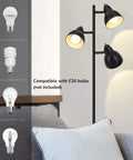 Three Adjustable Rotating Heads Go-To Tree Floor Lamp In Black Industrial Rustic Style with compatible E26 bulbs shown