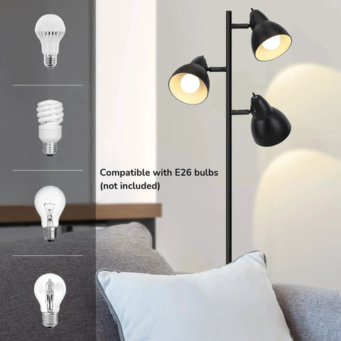 Three Adjustable Rotating Heads Go-To Tree Floor Lamp In Black Industrial Rustic Style with compatible E26 bulbs shown