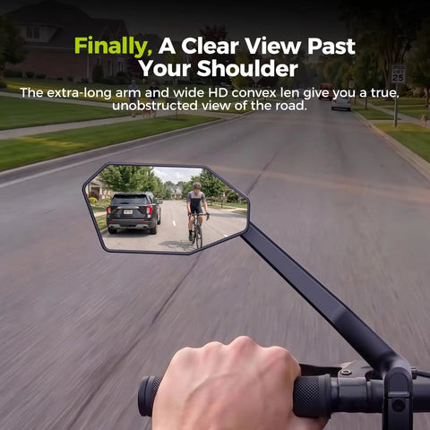 Dead Simple Folding Bike Mirror Built For Handlebars With Tough Metal Gears that provides clear rear view while cycling.