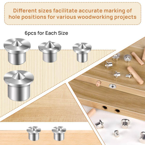 Pro Grade Woodworking Dowel Pin Set With 24 Centering Pins In 6 8 10 12 Mm And 75 Dowel Pins In 6 8 10 Mm including metal centering pins displayed on wood surface.