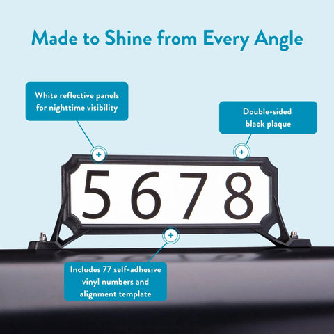 Black Double Sided Address Plaque Kit With 2 White Reflective Panels, 77 Vinyl Numbers, Multiple Mounting Feet, 12.68 W X 4 H"