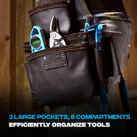 Oil Tanned Leather Tool Pouch Belt Bag Built For Tough Jobs With Double Stitching And Two Layer Construction, Heavy Duty Fastener Pouch For Chalk Line, Tape Measure, Hammer, Crowbar And More