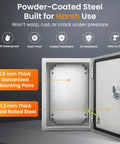 Rock Solid Lockable Metal Electrical Junction Box With IP65 Weatherproof Cover For Indoor Outdoor Projects, showing interior mounting plate and steel construction.