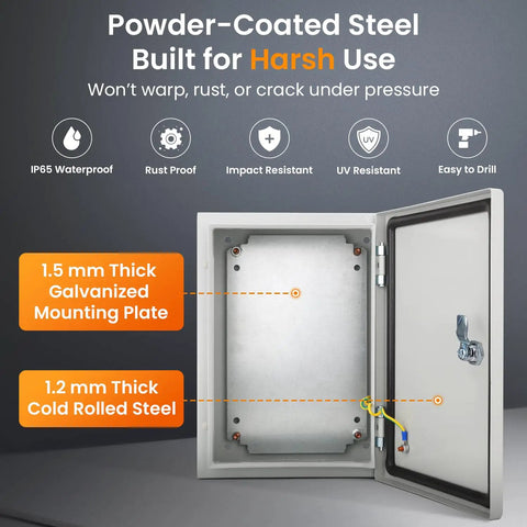 Rock Solid Lockable Metal Electrical Junction Box With IP65 Weatherproof Cover For Indoor Outdoor Projects, showing interior mounting plate and steel construction.