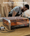 40W Laser Engraver With Acrylic Enclosure Air Assist Pump Honeycomb Bed Built In Camera And Safety Class 1 All In One Laser Engraving Machine Delivers Crazy Fast 40000 Millimeters Per Minute Speed For Wood Plastic Leather Metal Projects on wooden table