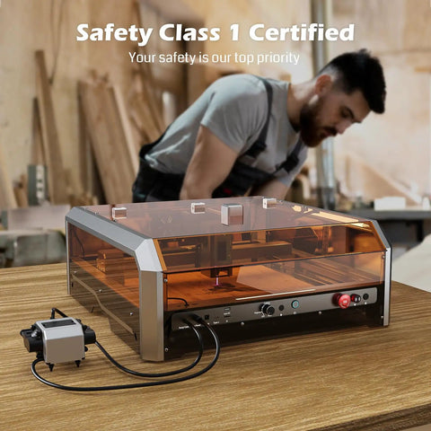 40W Laser Engraver With Acrylic Enclosure Air Assist Pump Honeycomb Bed Built In Camera And Safety Class 1 All In One Laser Engraving Machine Delivers Crazy Fast 40000 Millimeters Per Minute Speed For Wood Plastic Leather Metal Projects on wooden table