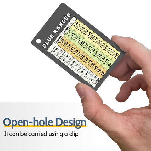 Person holding Credit Card Size Golf Yardage Card With Clip, Ultra Portable On Course Range Chart with open-hole design.