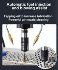 Pro Grade Electric Tapping Machine With Auto Oil Sprayer And Eight Piece Tap Collet Set 1100mm Long Arm showing automatic oil injection system.
