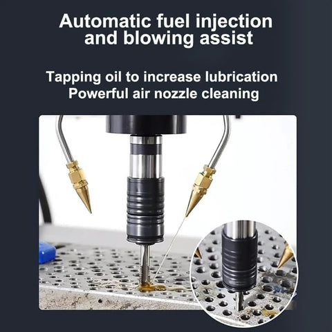 Pro Grade Electric Tapping Machine With Auto Oil Sprayer And Eight Piece Tap Collet Set 1100mm Long Arm showing automatic oil injection system.