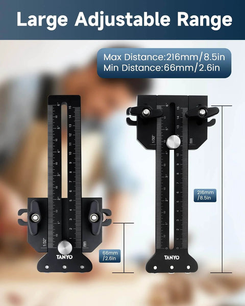 Triple Pulley Thin Rip Jig with large adjustable range, black CNC machined aluminum, marked distances 216mm and 66mm.