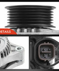 Close-up of Beefy 130Amp Alternator For Honda Odyssey 2005 2006 2007 Pilot 2005 2008 Ridgeline 2006 Acura MDX 2005 TL 2005 V6 3.2L 3.5L 12V Replacement 31100 RJA A01 31100 RJA A02 104210 3100 showing pulley and connector details.