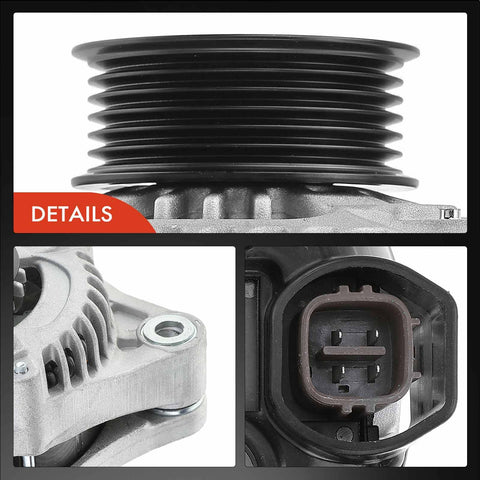 Close-up of Beefy 130Amp Alternator For Honda Odyssey 2005 2006 2007 Pilot 2005 2008 Ridgeline 2006 Acura MDX 2005 TL 2005 V6 3.2L 3.5L 12V Replacement 31100 RJA A01 31100 RJA A02 104210 3100 showing pulley and connector details.