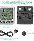 Digital Refrigerator Freezer Thermometer With Extra Sensor For Indoor Outdoor Use Humidity Hygrometer And Max Min Memory Reptile And Aquarium Temp Monitor Fridge Freezer Thermometer 1.5m Probe 24 Hour Recall Black, front view with 1500mm probe and 60x70mm unit