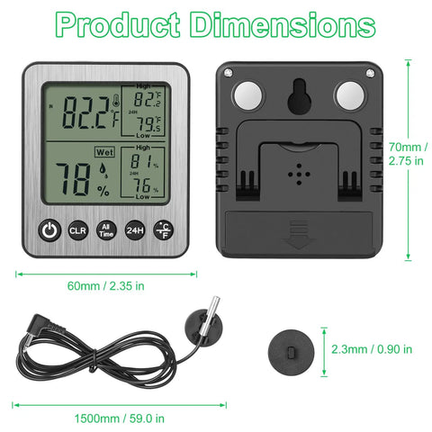 Digital Refrigerator Freezer Thermometer With Extra Sensor For Indoor Outdoor Use Humidity Hygrometer And Max Min Memory Reptile And Aquarium Temp Monitor Fridge Freezer Thermometer 1.5m Probe 24 Hour Recall Black, front view with 1500mm probe and 60x70mm unit